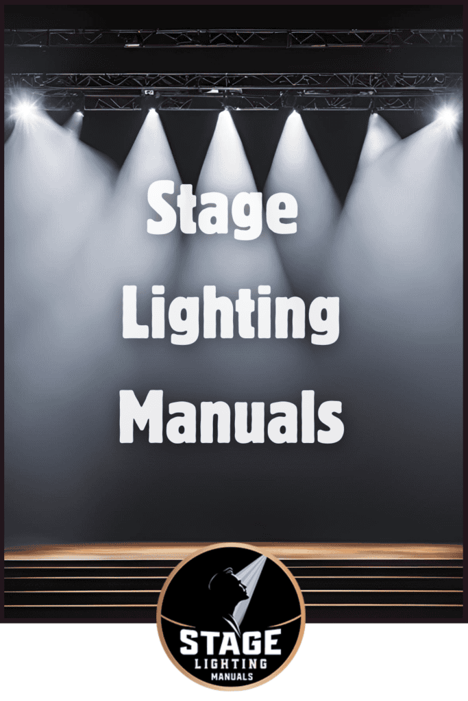 Bright spotlights illuminate the stage, casting vivid beams. The text reads, "Stage Lighting Manuals," with a logo gracefully positioned at the bottom, offering guidance for crafting perfect visual performances.